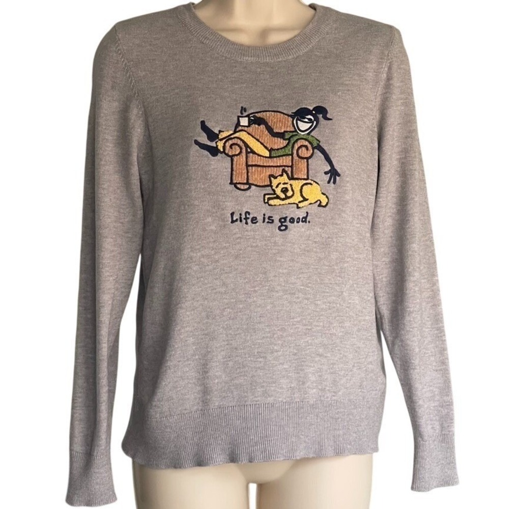 Life Is‎ Good Sweater Womens XS Gray Graphic Dog Couch Crewneck Knit Casual Cozy